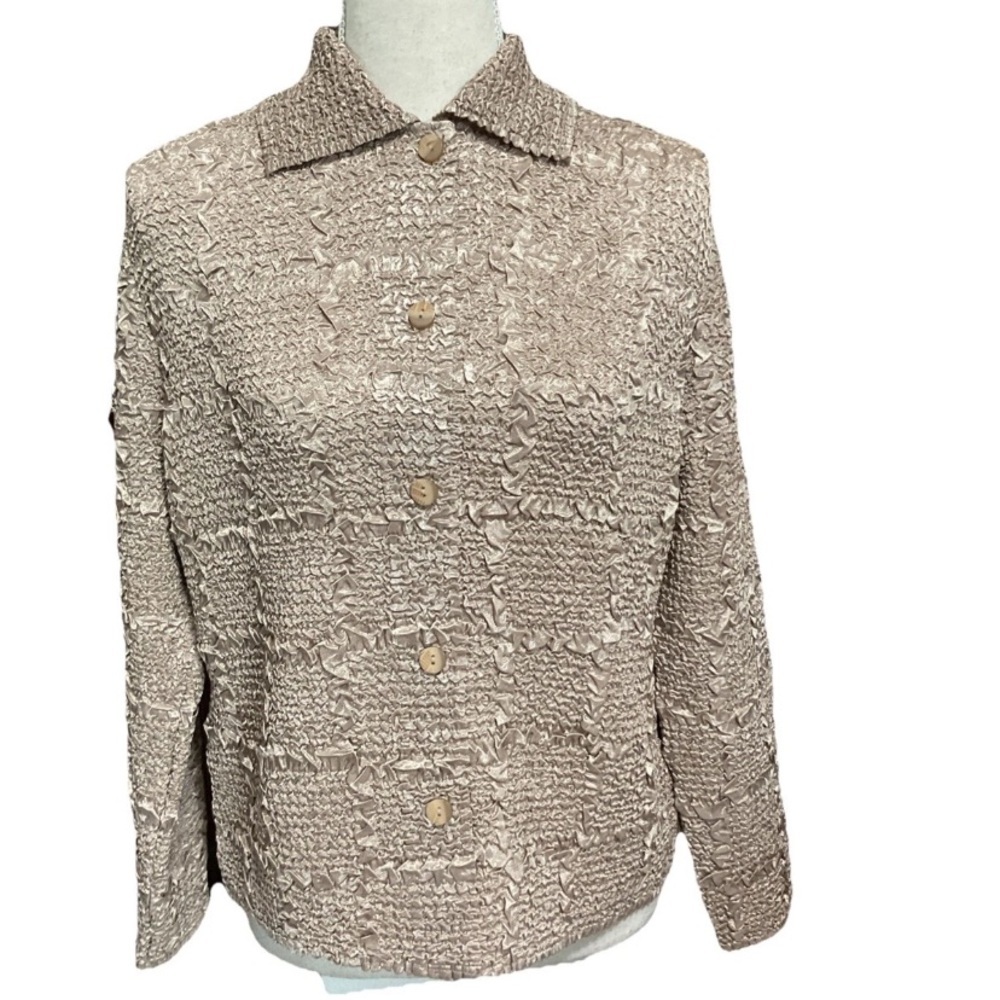 Pleats Collection by Pings Imports Shimmer Beige Crinkle Button-Up Jacket NWT M